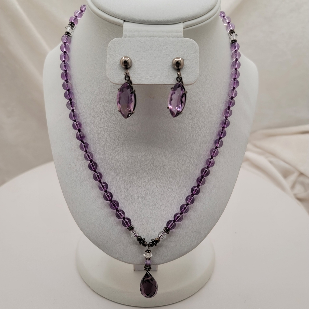 Vintage Purple Glass Beads & Cut Crystal Necklace & Earrings